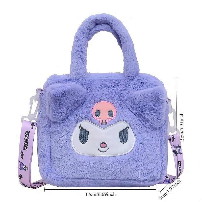 Plush Handbag Crossbody Bag with Hello Kitty Kuromi My Melody Cinnamoroll Characters for Kids Pink White Red Yellow Purple