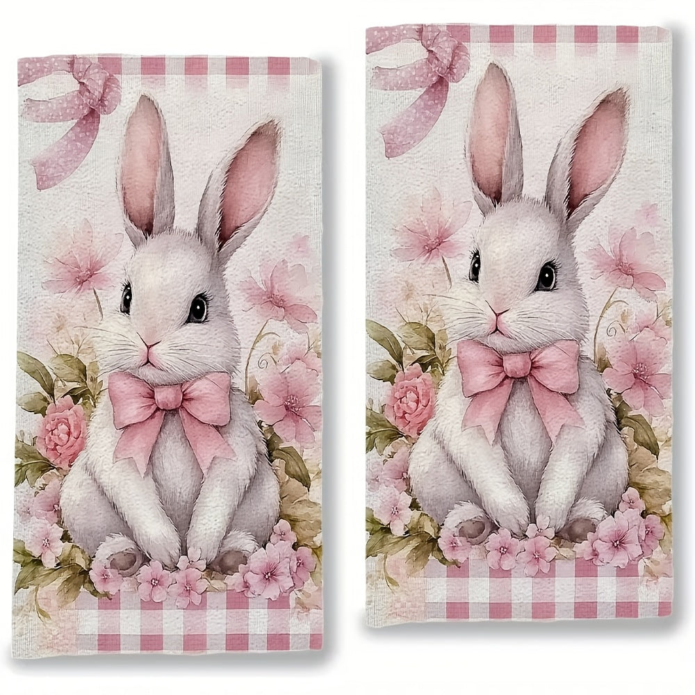 2-Pack Ultra Soft Polyester Kitchen Towels Coastal Bunny Bow Design 16x24 Inches