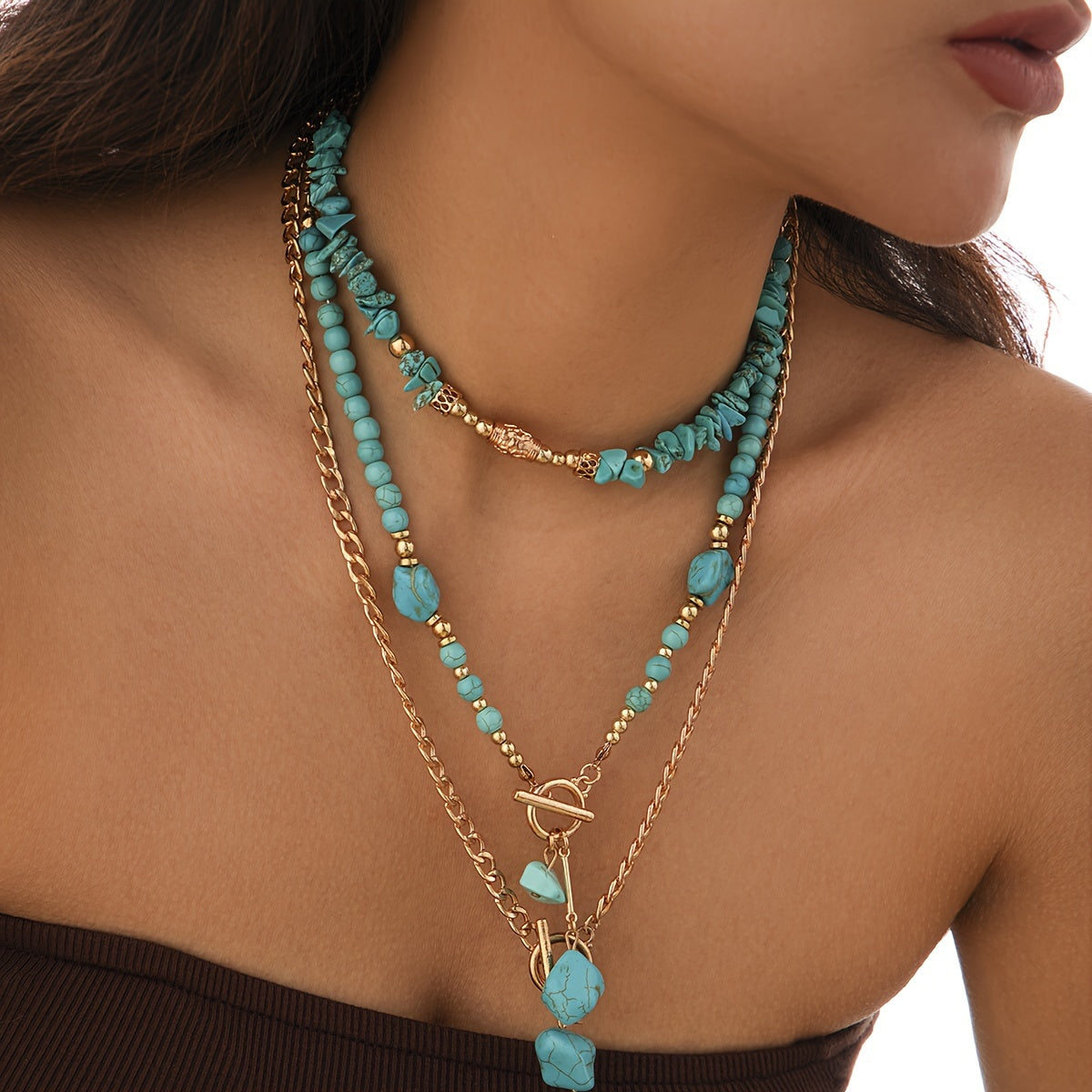 Set of Three Turquoise Boho-Chic Necklaces with Acrylic Pendants for Everyday and Party Wear