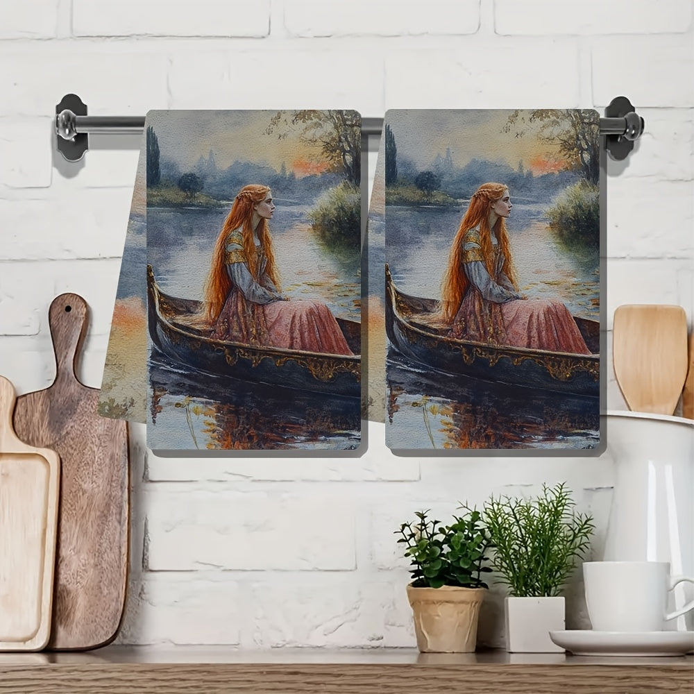 Two Pieces Ultra-Soft Kitchen Towels Water Scene Art 40x60cm Absorbent