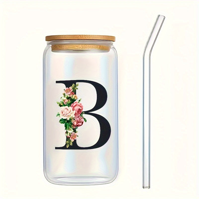 Flowers Drinking Glass with Bamboo Lid and Straw 16oz Coffee Mug for Women Girls