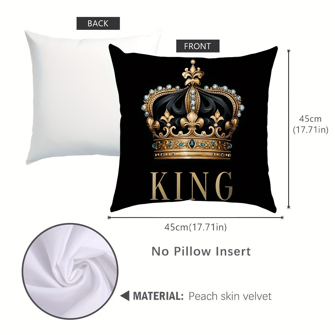 Set of 1 or 2 Peach Skin Pillowcases 45x45cm with Black Background Golden Crown Design for Sofa Bed Bedroom Decor