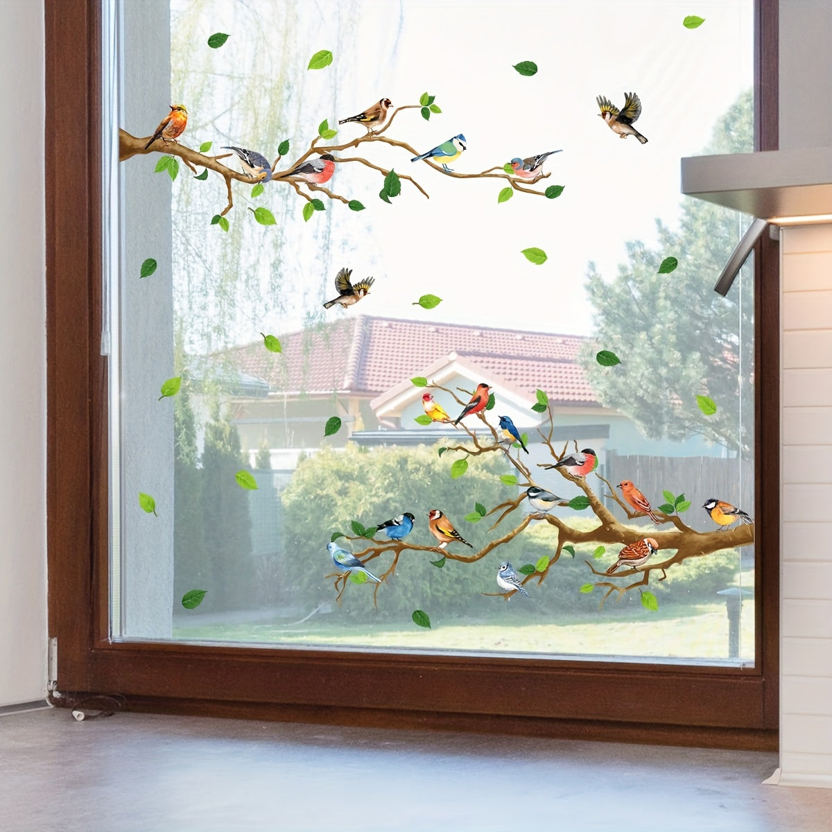 Dual-Sided Electrostatic Glass Window Decal with Colorful Bird and Branch Design, Reusable, 5mil Thick