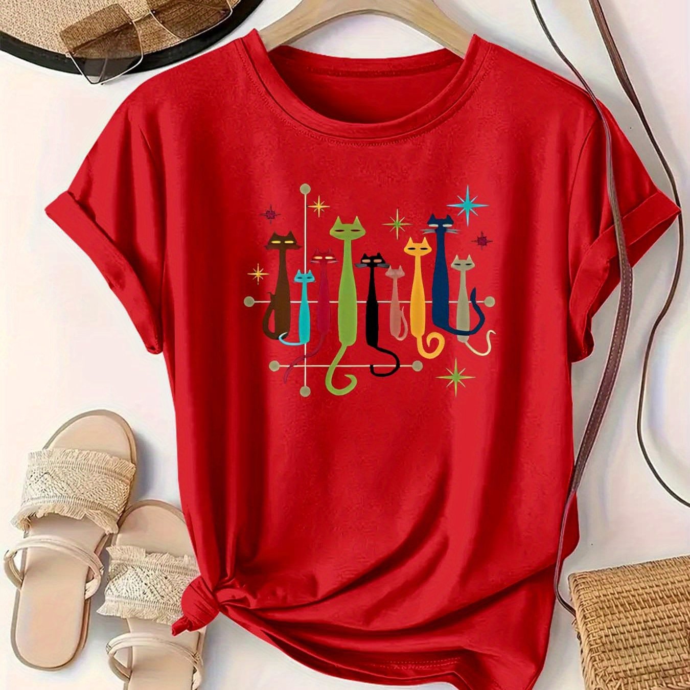 Camiseta casual de poliéster para mujer talla grande con estampado de gato de dibujos animados colorido