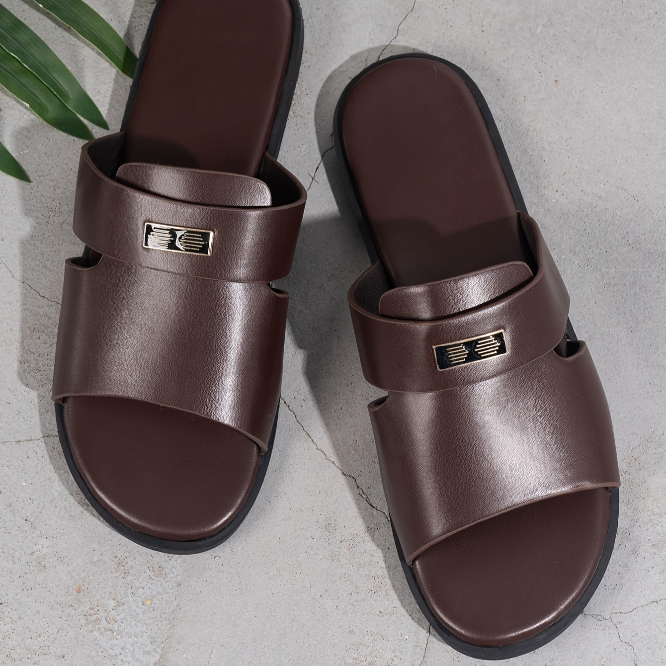 Men's All-Season Casual Faux Leather Slide Sandals with Buckle Closure and TPR Sole