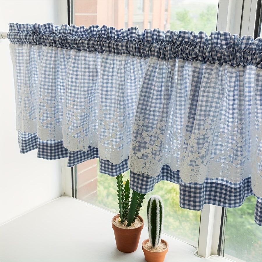 Blue Plaid Short Curtain with Lace Detailing and Rod Pocket for Living Room Kitchen Cafe