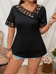 Plus Size Women's Short-Sleeve Top Summer Lace Cut-Out Splicing V-Neck