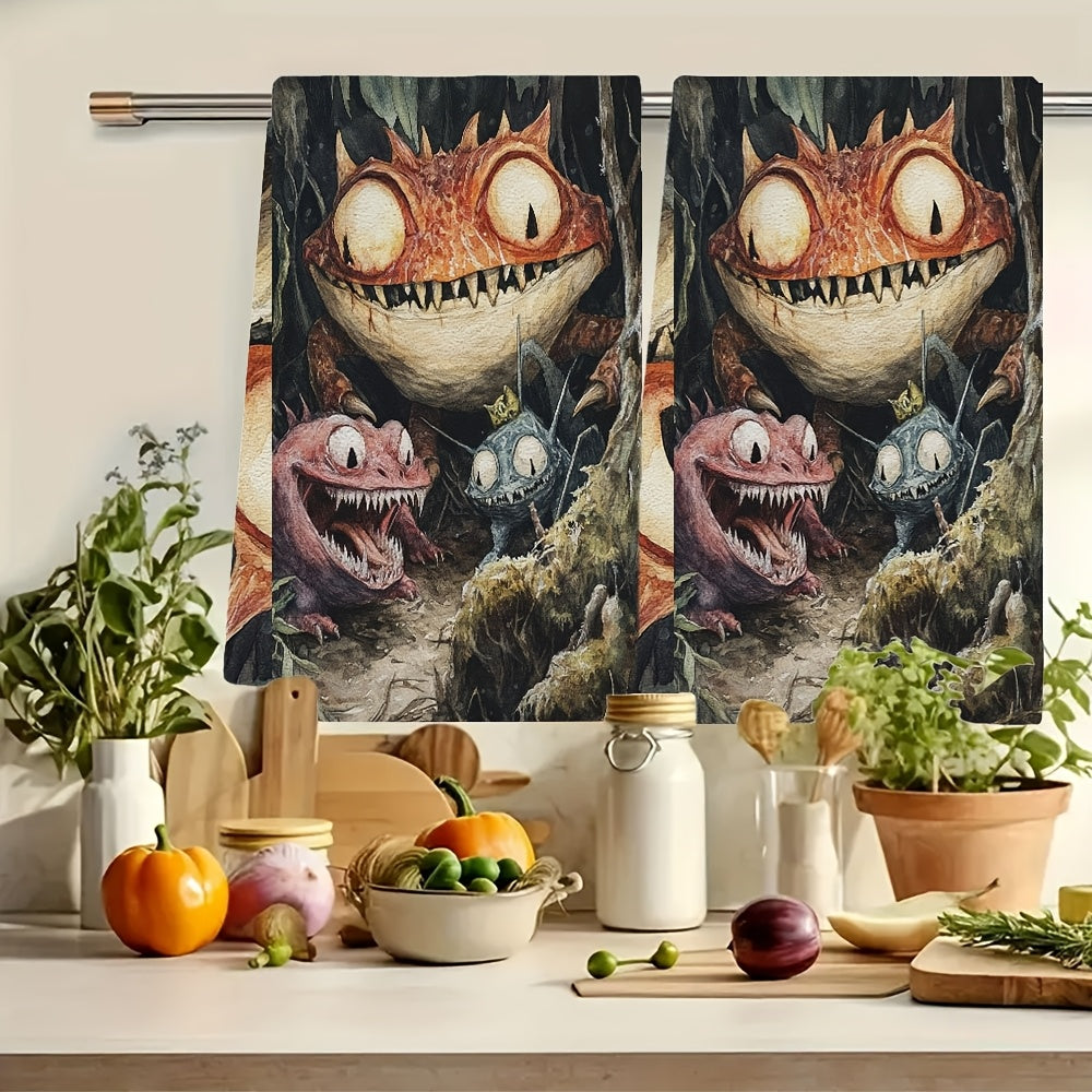 Dunyo bo'ylab Cryptid Creatures dizayni bilan bezatilgan ikki dona juda shinam oshxona sochiqlari. Bu juda yaxshi oson yuviladigan va yuqori singdiruvchi idish sochiqlari 40.64x60.96 sm o'lchamda bo'lib, oshxona ta'til bezaklari uchun mukammal. Bu