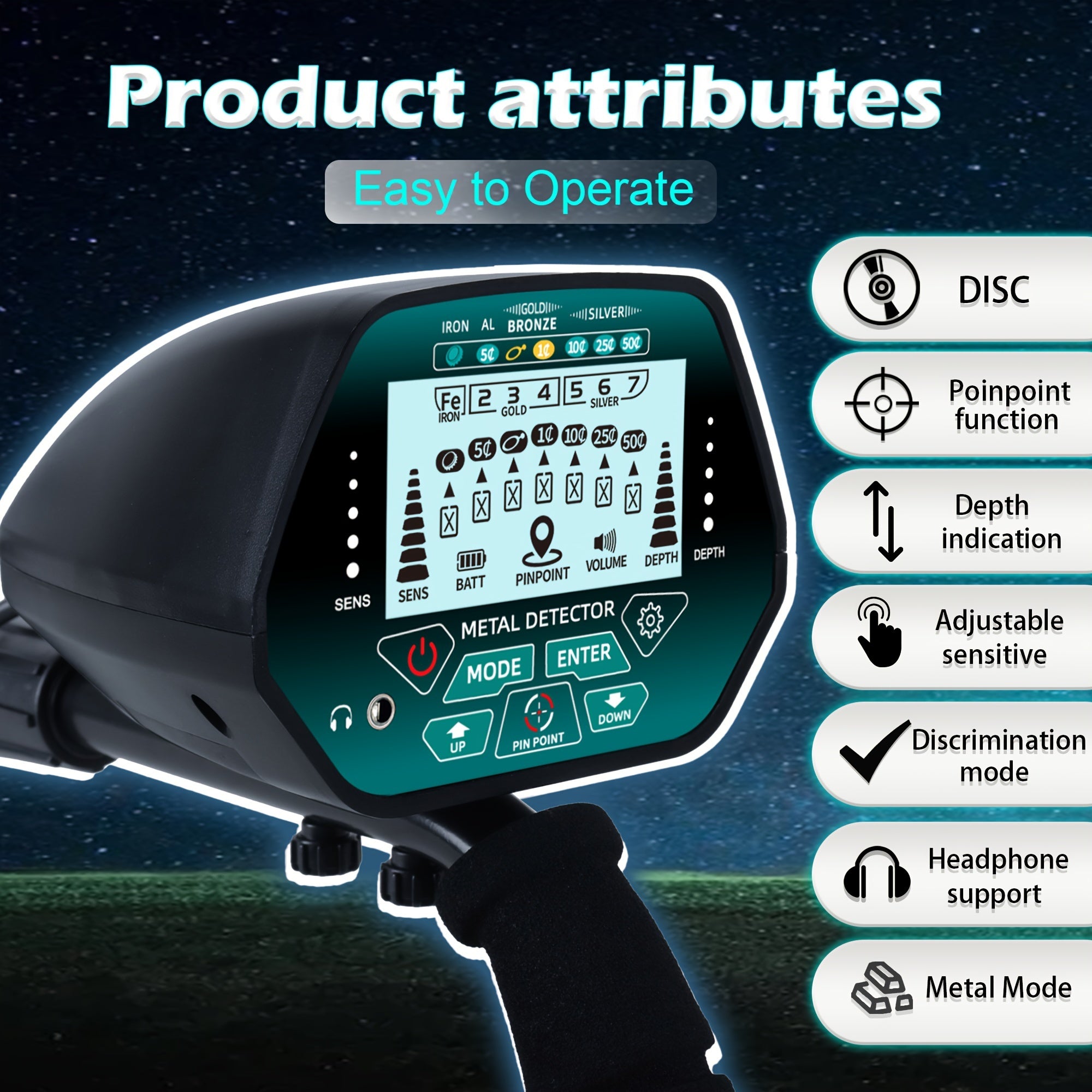 High-Precision Metal Detector with 25.4cm Coil Adjustable LED Display Backlit Screen for Coin and Treasure Hunting