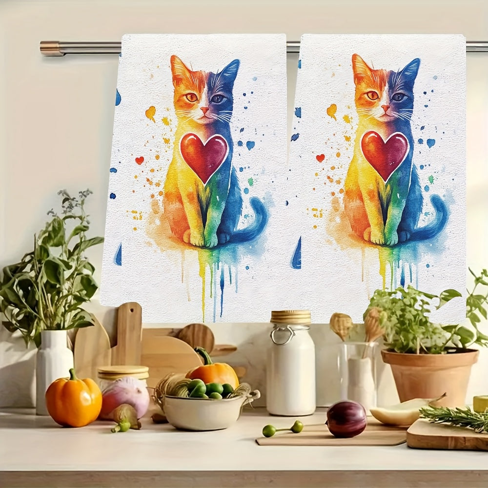 Ultra-Soft Kitchen Towels with Cat and Rainbow Hearts, Absorbent, 40x60 cm