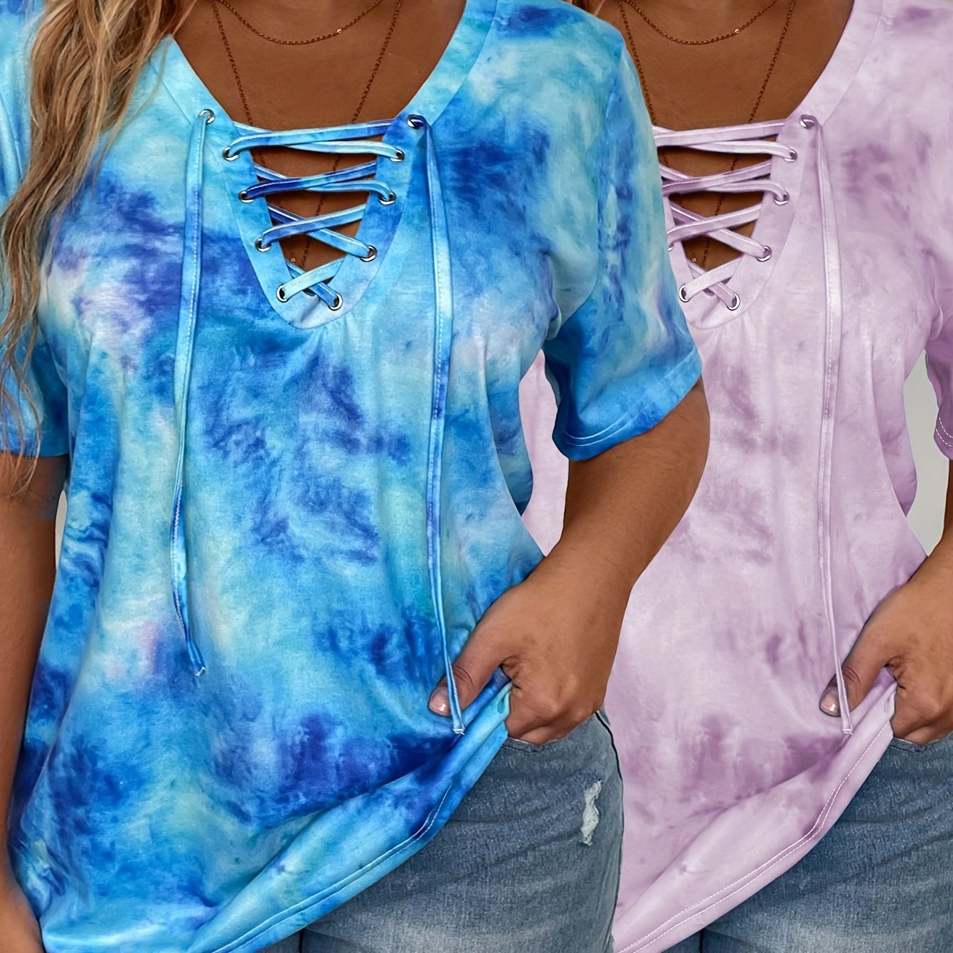 Pack de 2 camisetas casuales de manga corta con teñido en espiral para mujer talla grande