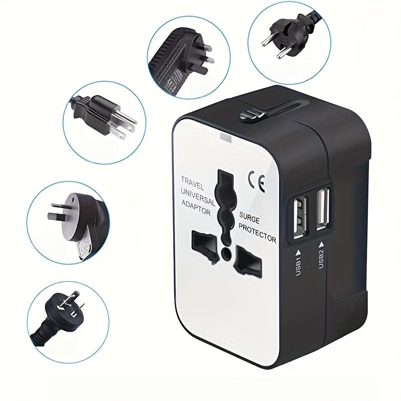 Adaptador de cargador de viaje universal con puertos USB duales, convertidor de enchufe multi-región, protector contra sobretensiones