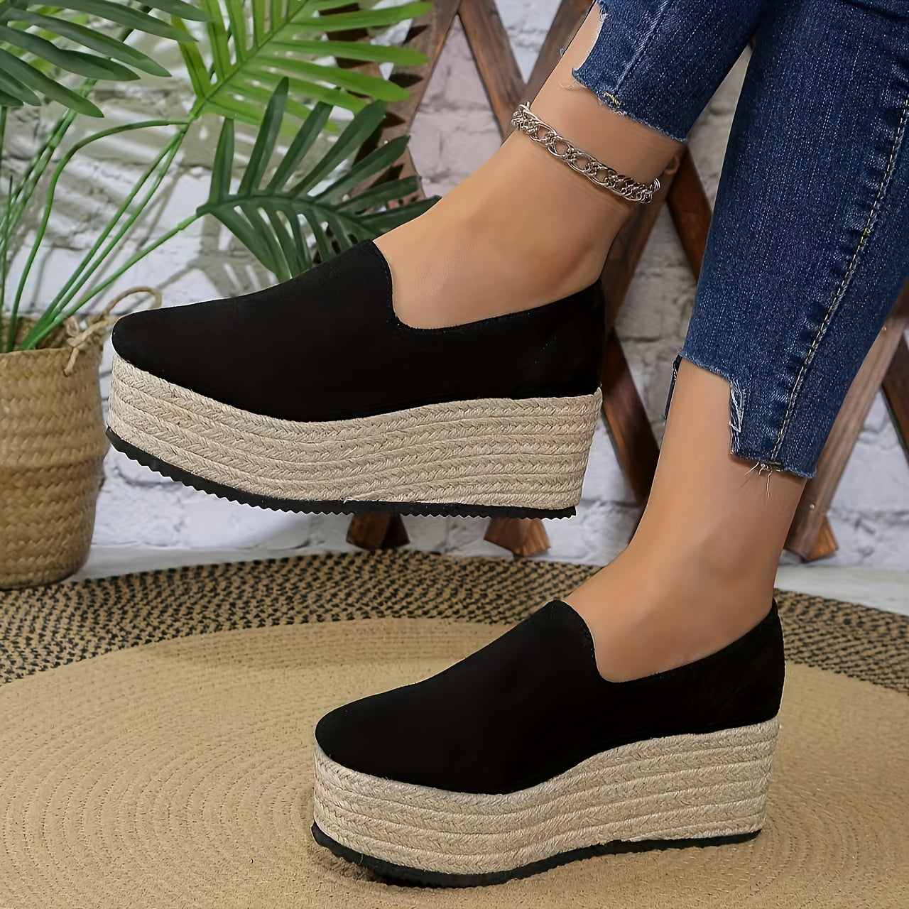 Women's Casual Platform Shoes With Rope Detail Fuzzy Lining All Season