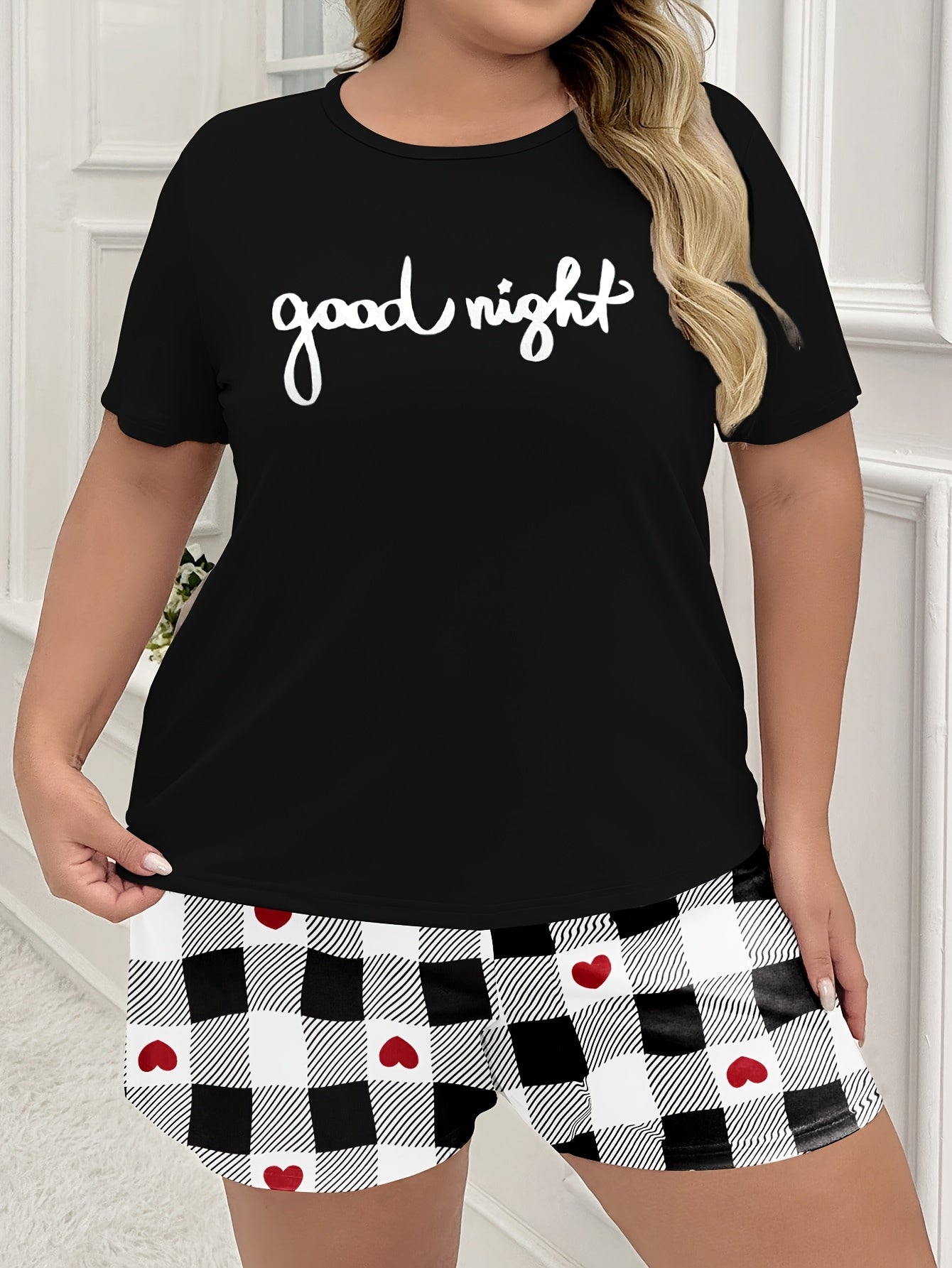 Plus Size Women's Pajama Set Short Sleeve Checkered Cartoon Print Sleepwear