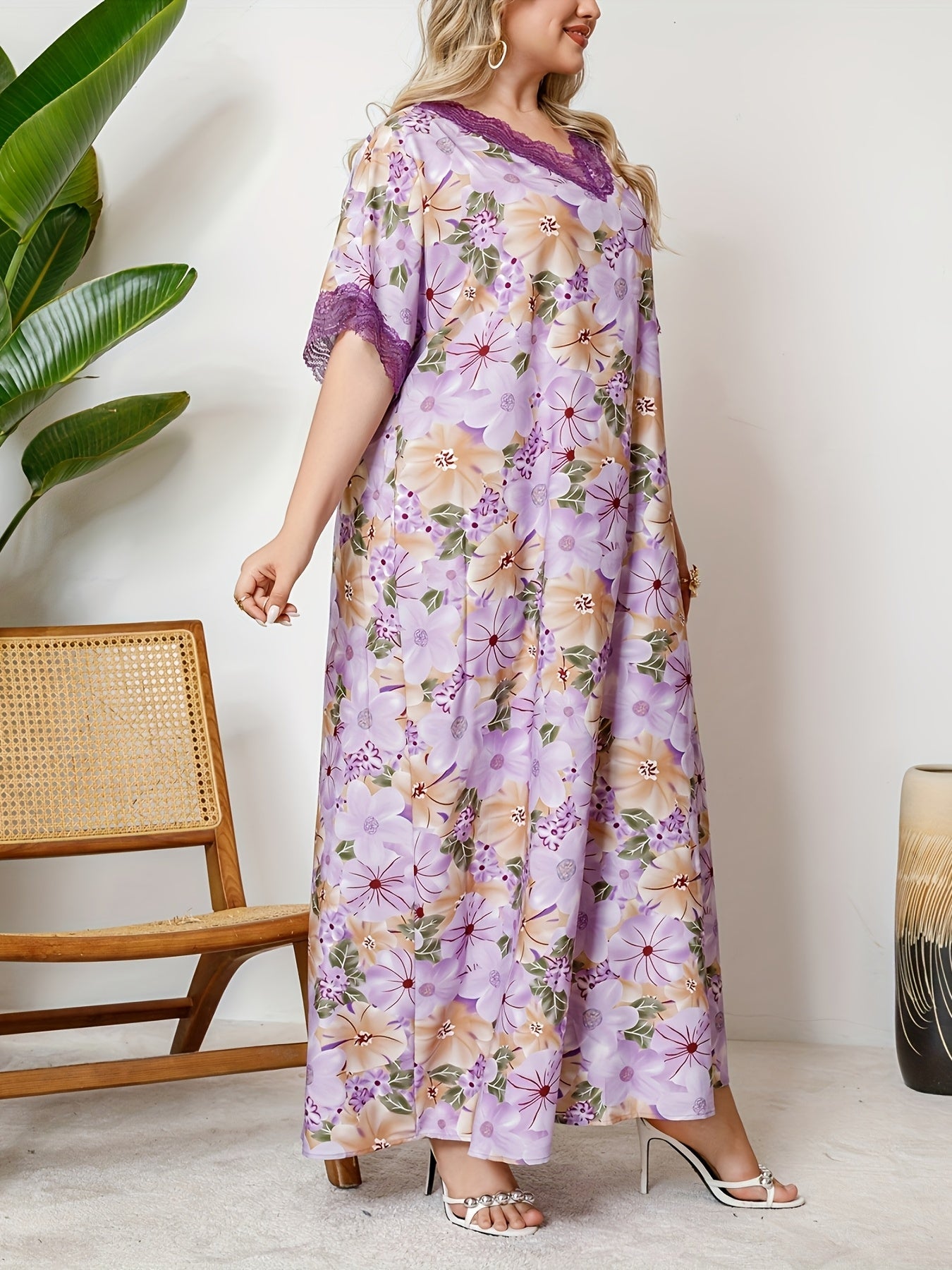 Plus Size Floral V-Neck Tunic Dress with Lace Details Polyester Woven All-Season