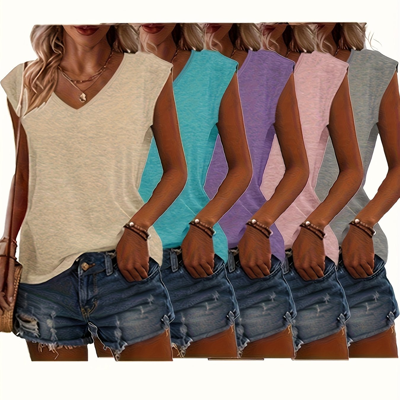 Women Solid Color V-Neck T-Shirts Short Sleeve Casual Spring Summer