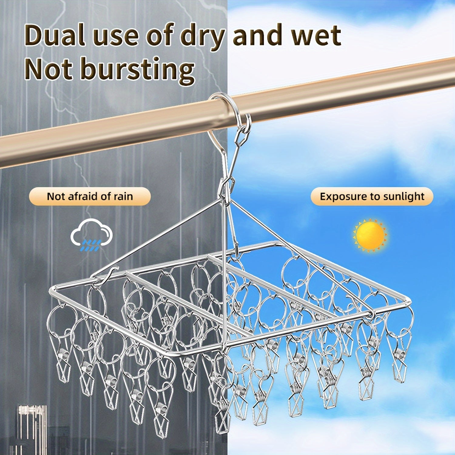 Estante para secar calcetines de acero inoxidable con clips y gancho giratorio para lavandería