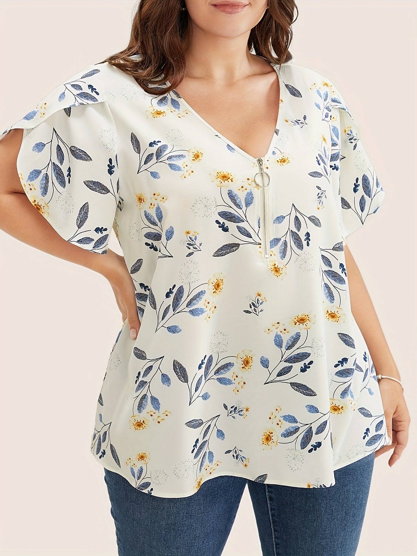 Plus Size Floral Print Blouse Casual V Neck Petal Sleeve Spring Women