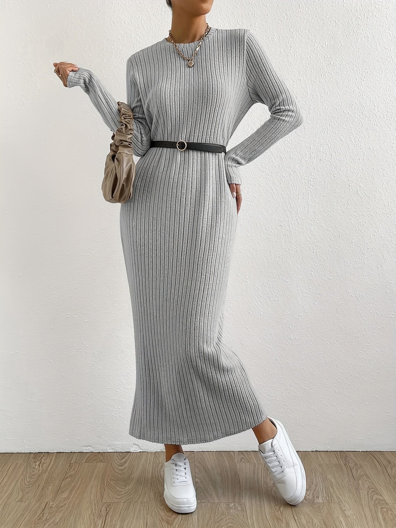 Women's Striped Knit T-Shirt Dress Long Sleeve Crew Neck Spring Fall