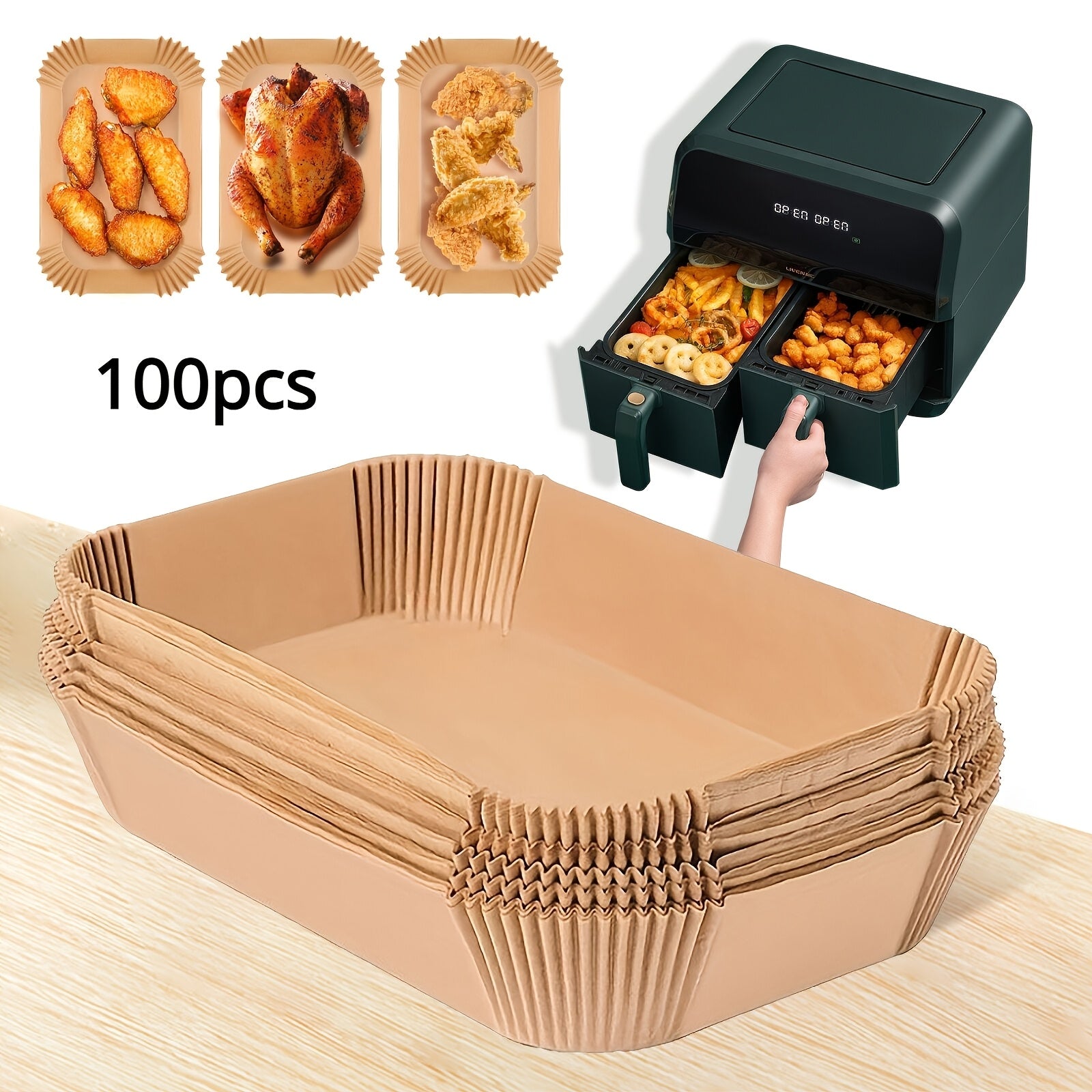 100 Pieces Large Rectangular Silicone Air Fryer Liners Non-Stick Oven Safe Disposable Baskets