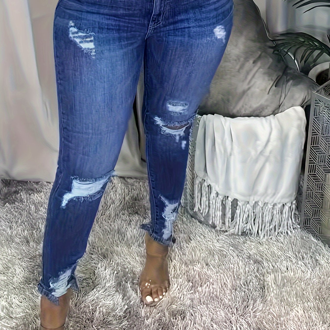 Women's High-Waisted Ripped Skinny Jeans with Stretch Denim in Solid Color