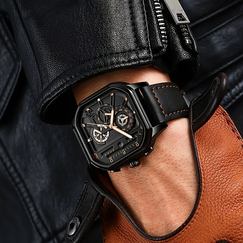 Men's Sports Watch Quartz Square Alloy Case Faux Leather Strap Non-Waterproof Calendar