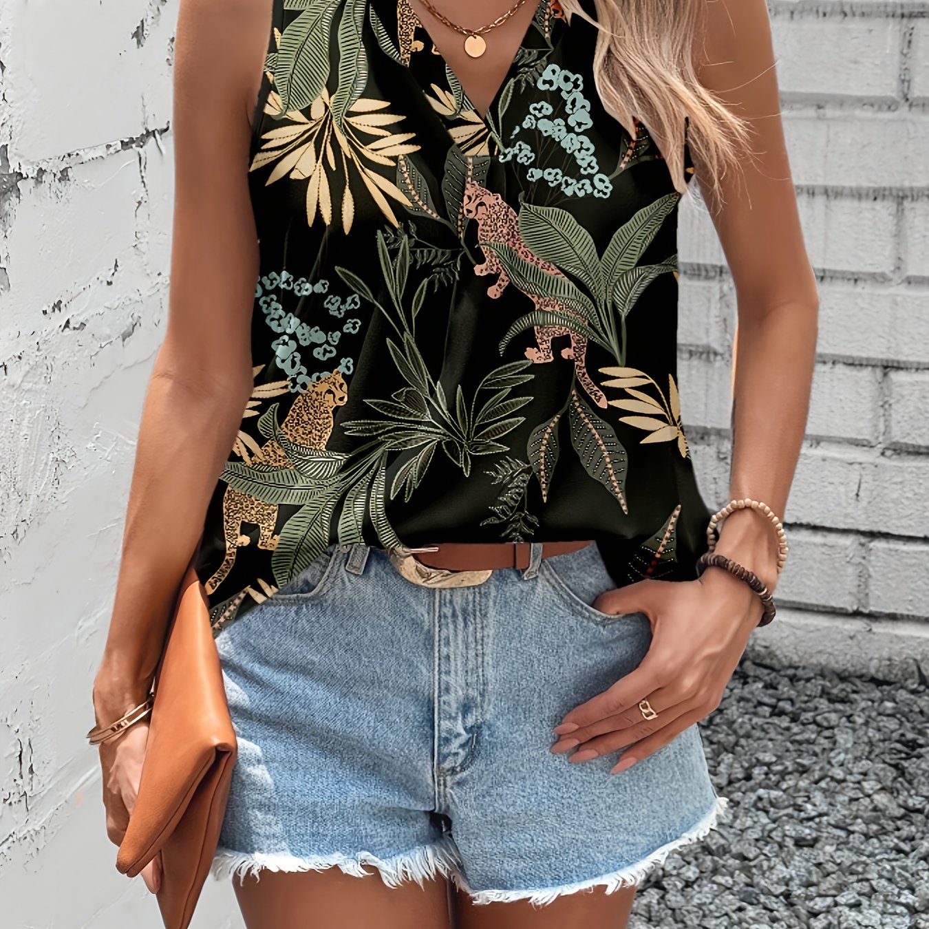 Women’s Floral Print Sleeveless V-Neck Tank Top Polyester Black Beige Casual Formal