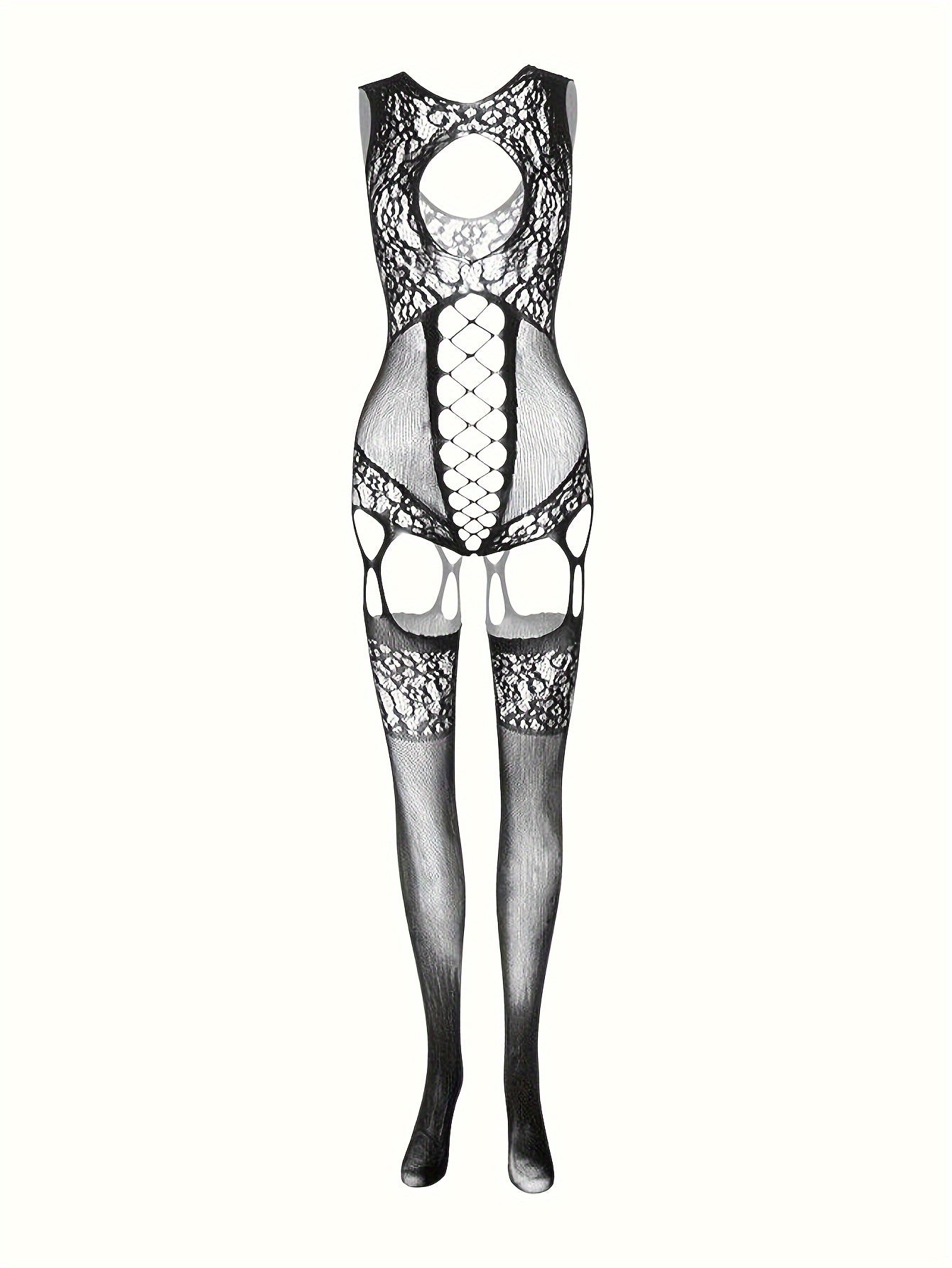 Ayollar uchun Fishnet Bodysuit to'plami, kesmalar bilan shaffof tarmoq ichki kiyim