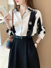 Women's Spring and Autumn Casual Shirt with Brush Print and Turnover Collar