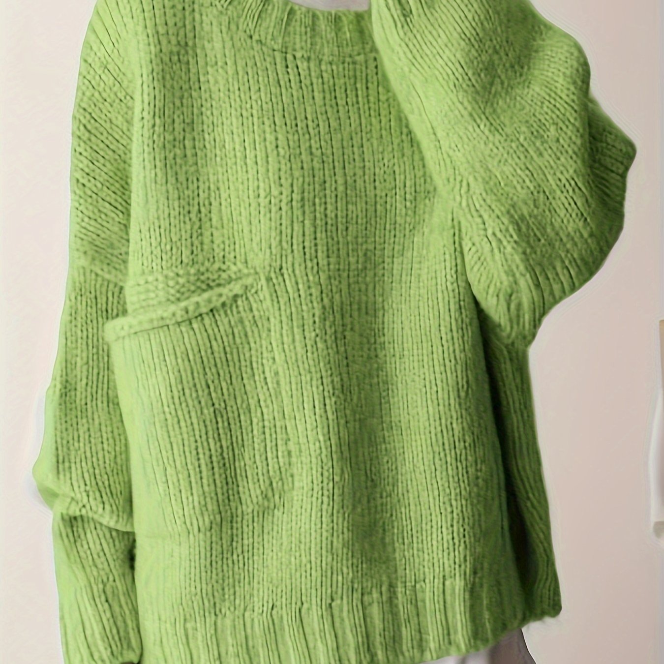 Suéter de punto verde de talla grande para mujer con bolsillos, cuello redondo, manga larga y cómodo