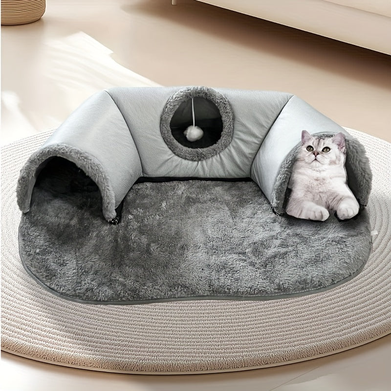 Cat Tunnel Bed with Play Mat and Warm Nest for Small to Medium Pets