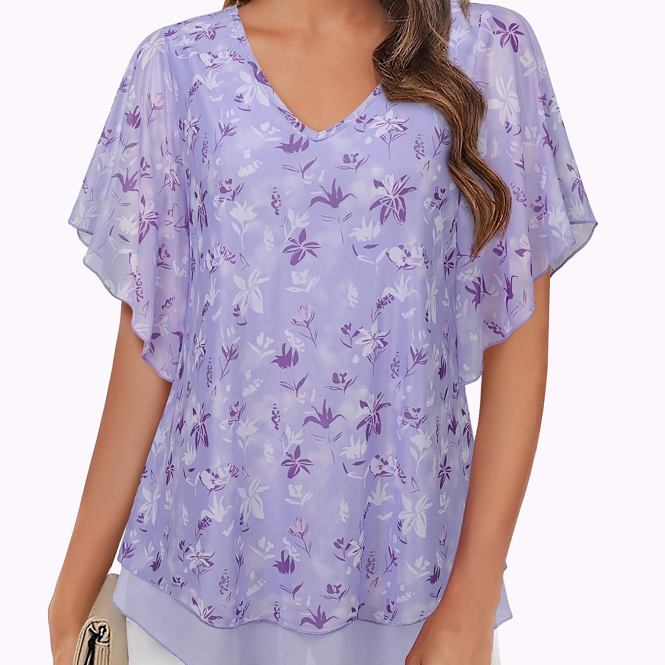 Women's Mesh Blouse Short Sleeve V-Neck Floral Ruffle Summer Tunic Top