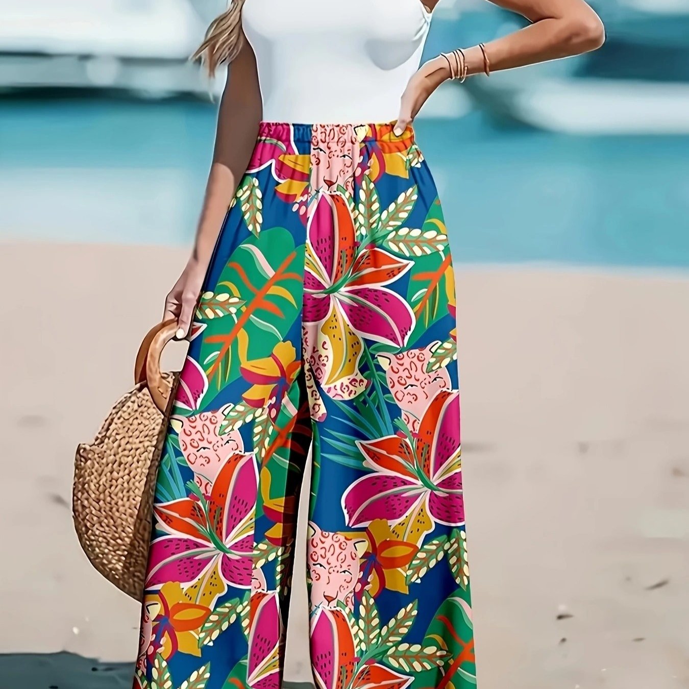 Women's Plus Size Tropical Print High-Waisted Loose Pants Casual Vacation Wear