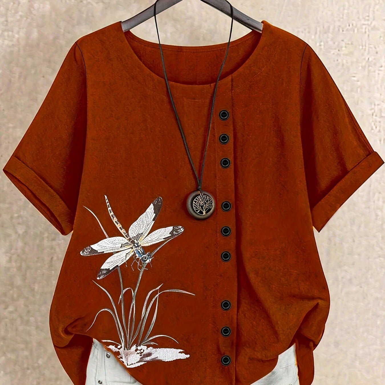 Katta o'lchamdagi ayollar uchun yangi tasodifiy keng flaxdan tayyorlangan bosma qisqa yengli pullover ko'ylak.