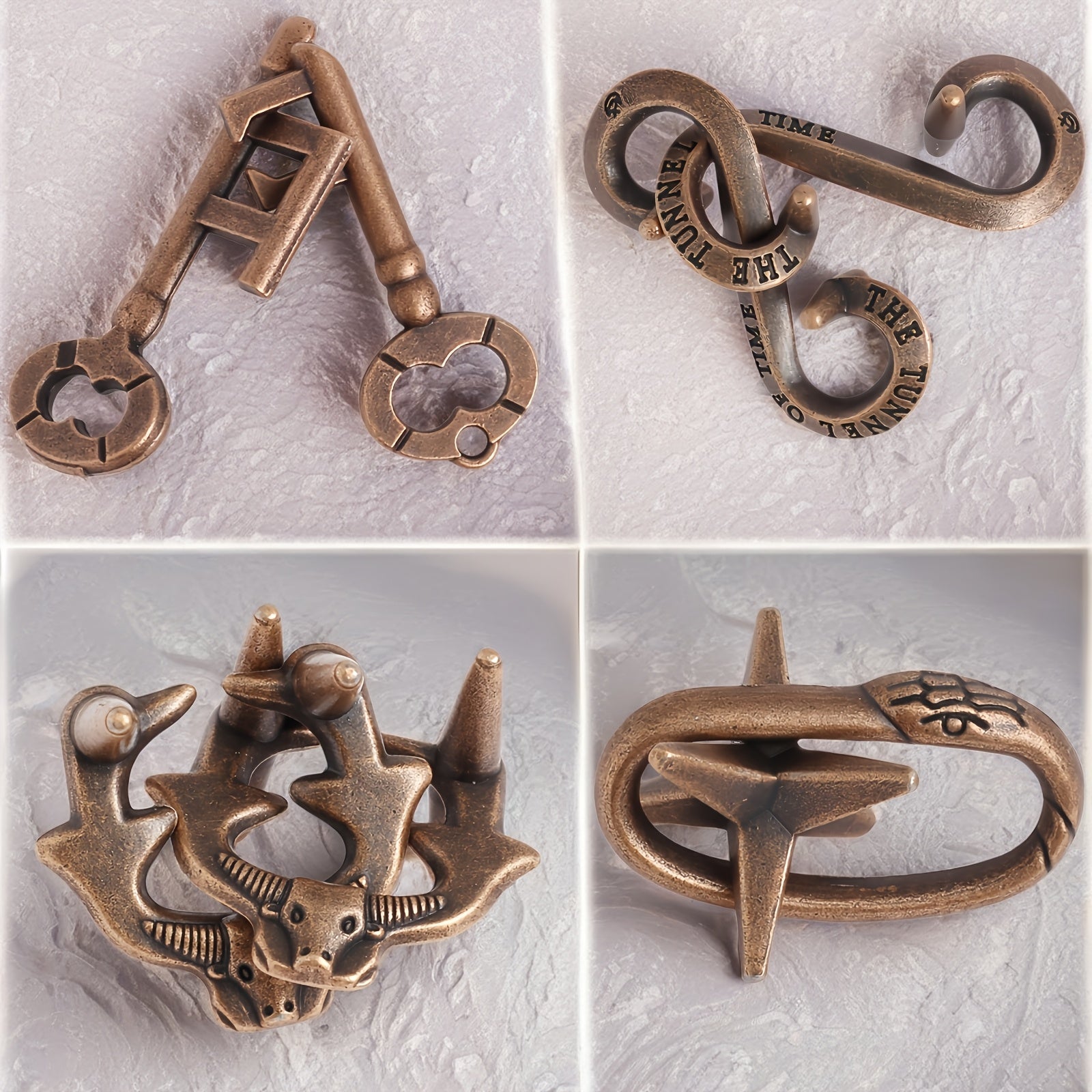 Metal Brain Teaser Puzzle Set for Adults Bronze Portable Logic and Problem Solving