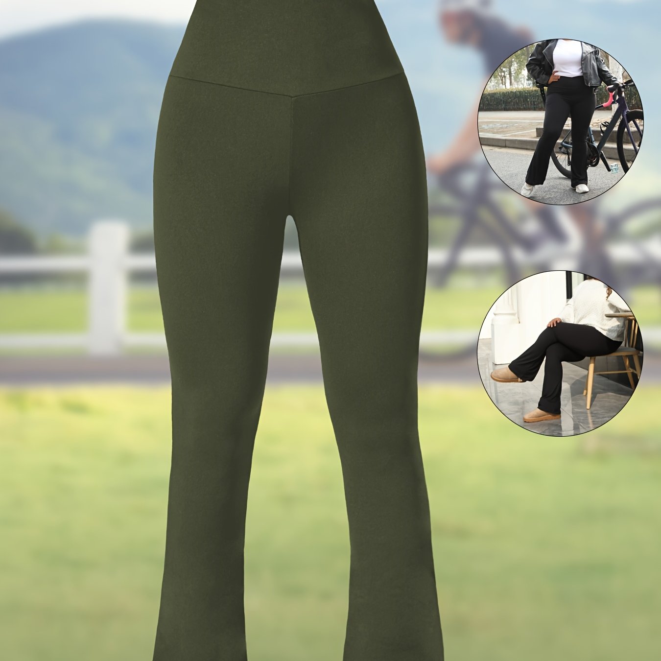 Plus Size Women's Stretchy High-Waisted Flare Leggings Olive Green Tummy Control