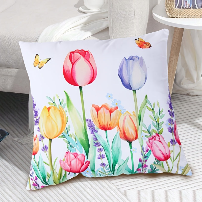 Decorative Pillow Cover Floral Butterfly Print Polyester Zipper Machine Washable
