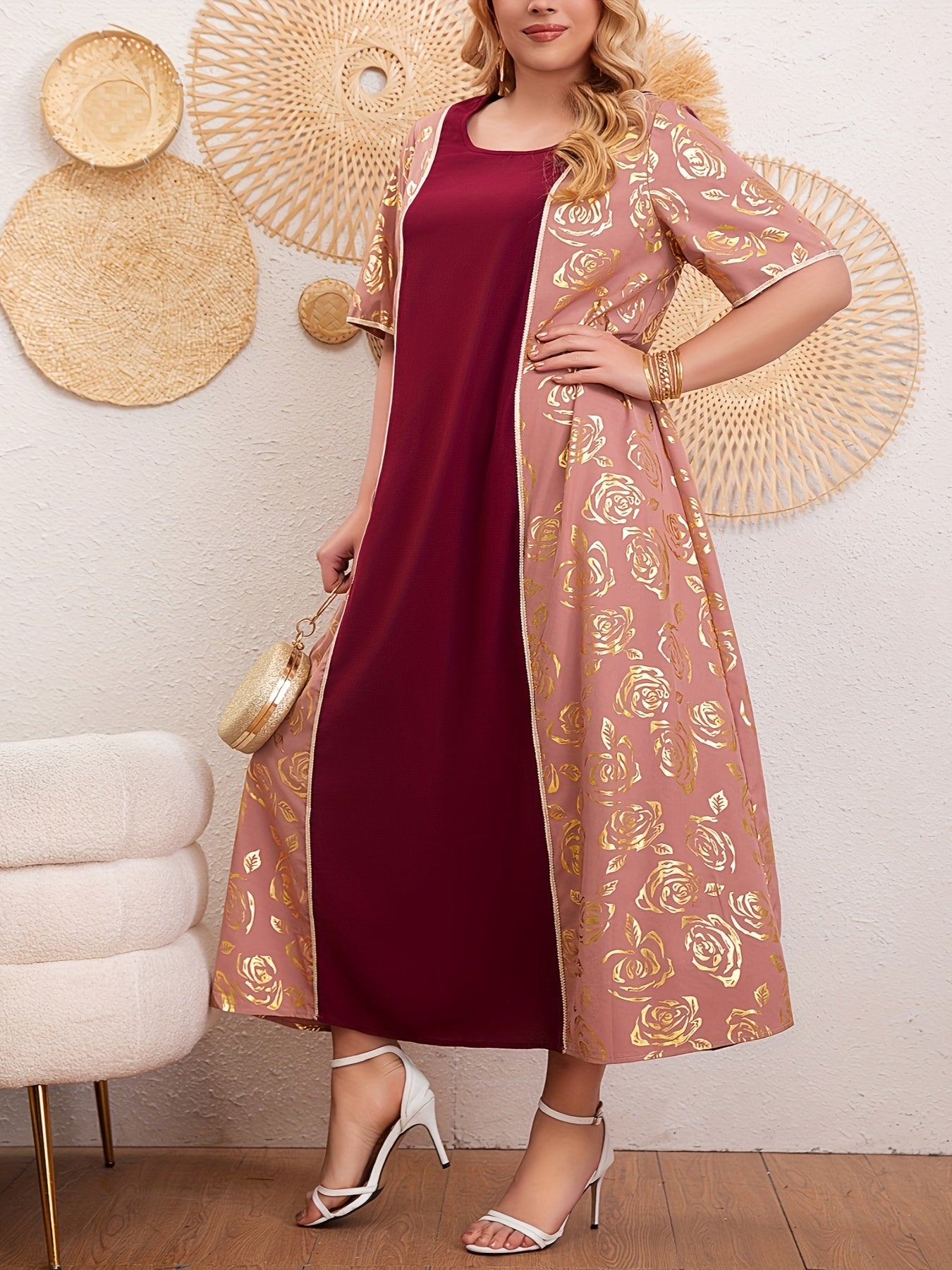 Plus Size Floral Pattern Kaftan Dress Short Sleeve Women Stylish Cover-Up