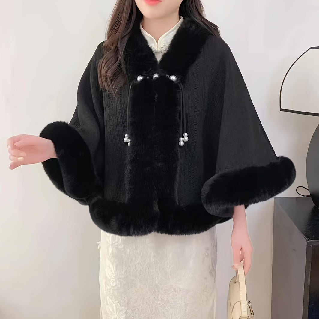 White Faux Fur Cape with Pearl Accents for Winter Elegant Shawl for Formal Occasions