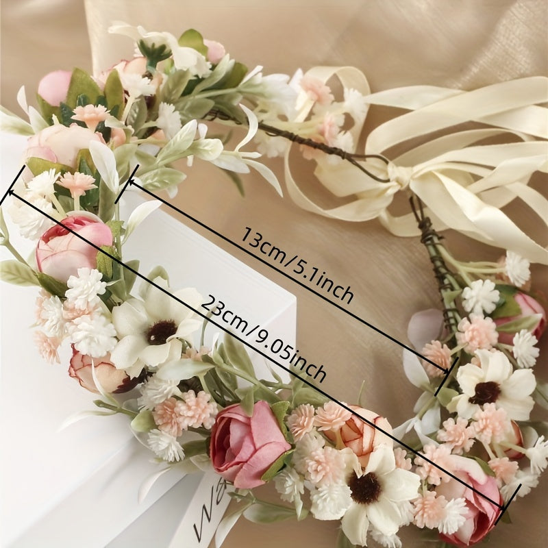 Women's Flower Headband Boho Bridal Wreath Wedding Hair Crown with Ribbon