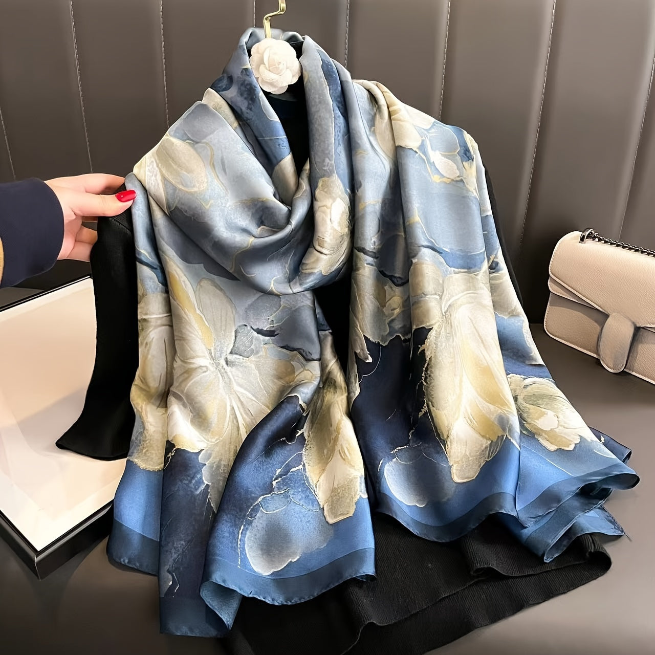 Women's Blue Satin Square Scarf with Print, Summer Sun and Wind Protection