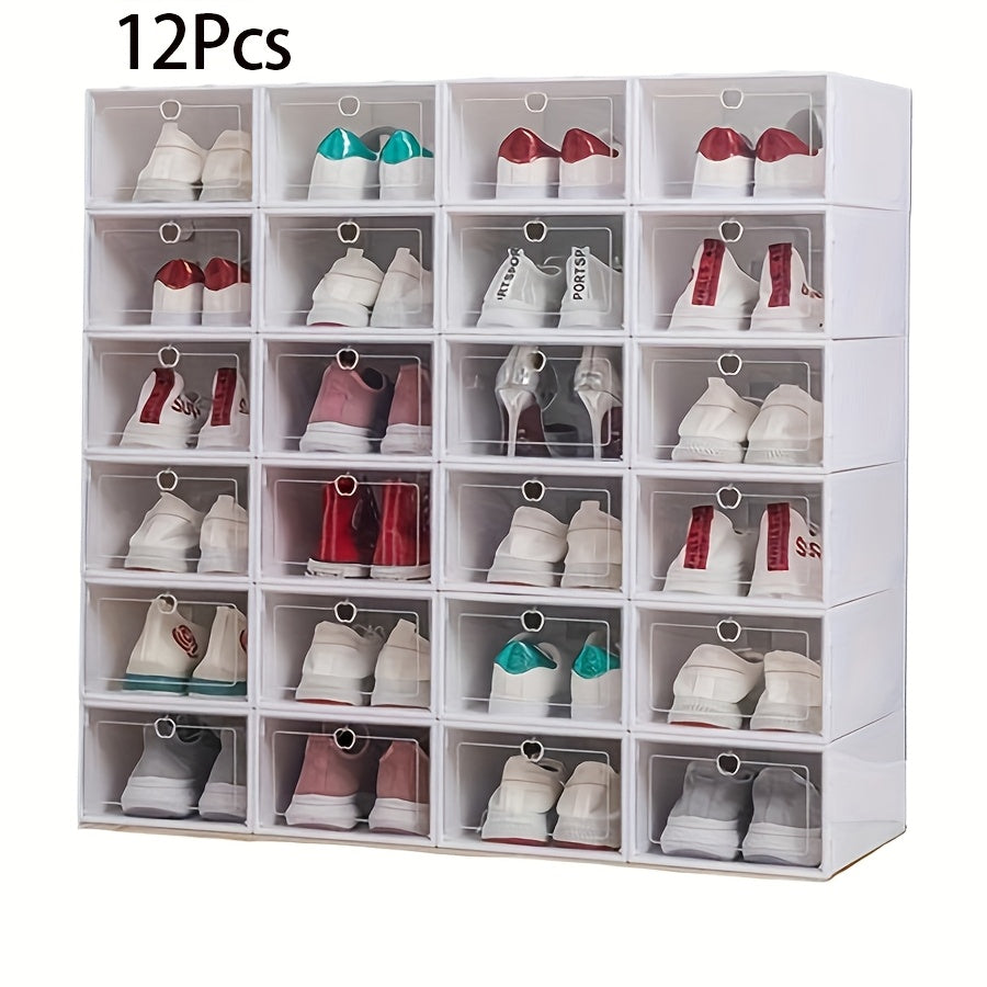 12 ta paketli stackable poyafzal saqlash qutilari, flip qopqog'lari bilan, suv o'tkazmaydigan, chang o'tkazmaydigan, shaffof tashkilotchilar