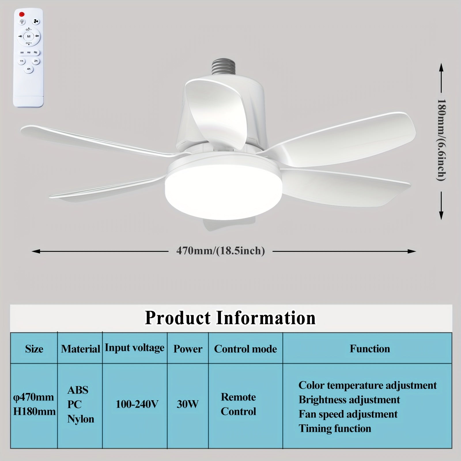46.99cm LED Commercial Ceiling Fan with 3-Speed, 3 Colors, Dimming, Remote