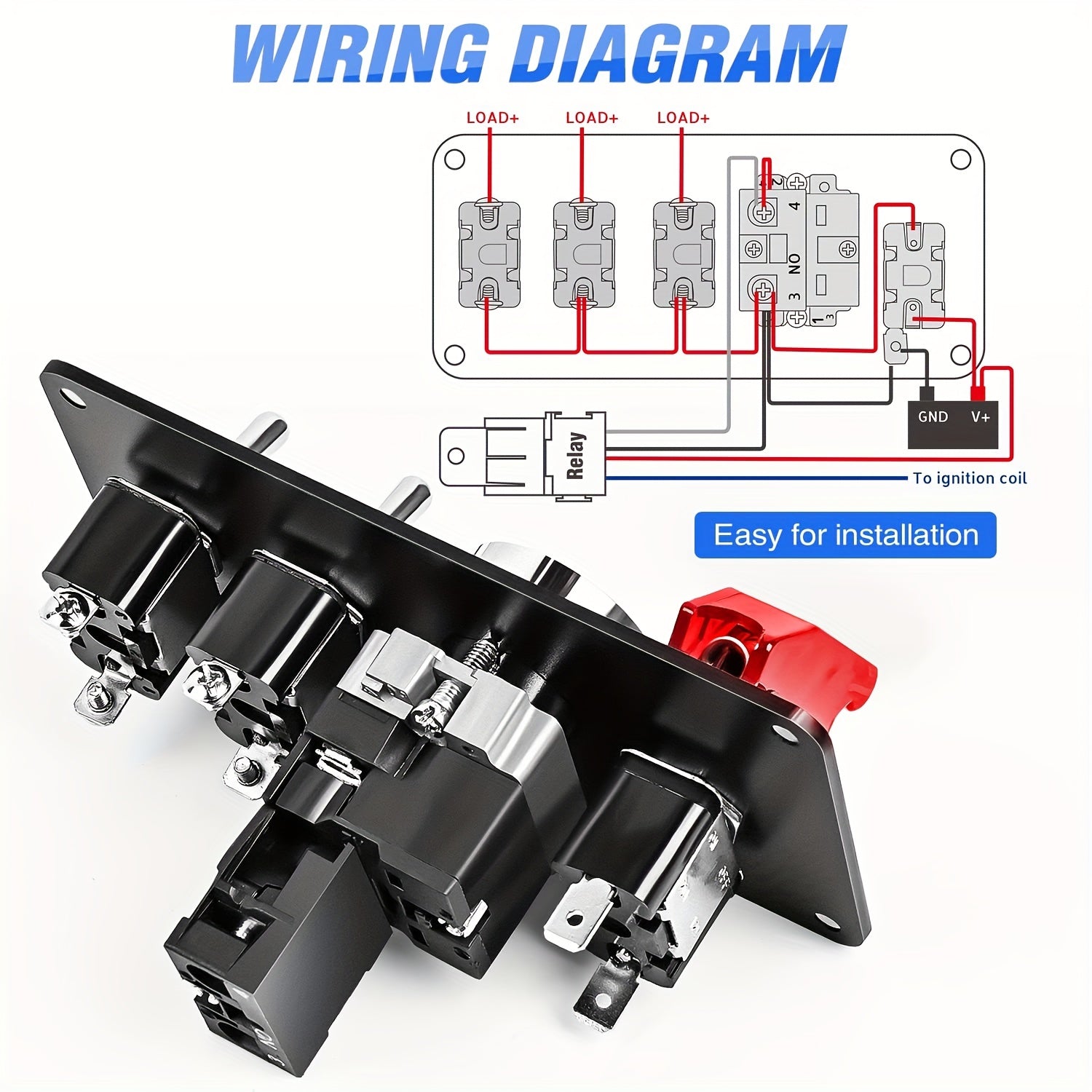 12V Push Start Ignition Kit with Red Button, Relay Harness, Aluminum For RVs Trucks Boats