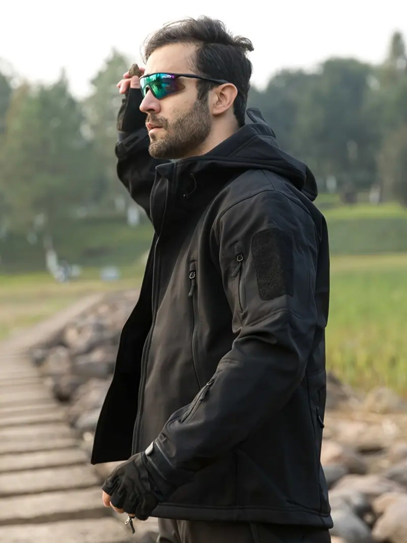 Men's Fall Winter Shark Skin Fleece Workwear Set Hooded Jacket Tactical Pants Solid Color Loose Fit