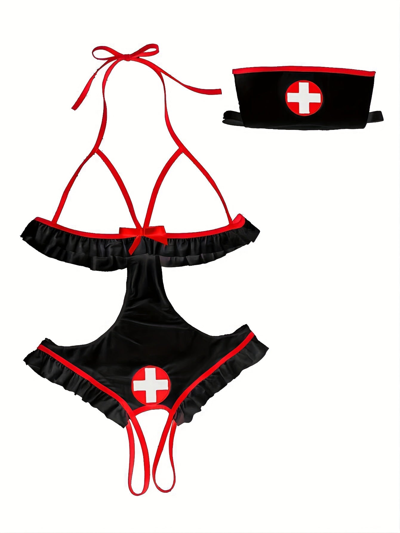 Women's Nurse Costume Set with Swiss Flag Emblem and Ruffled Spandex Lingerie