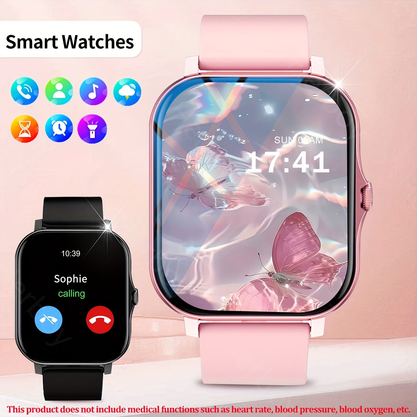 2025 Smart Watch with Wireless Calls SMS Notifications Fitness Tracker Pink Silicone Band Compatible with iPhone Android