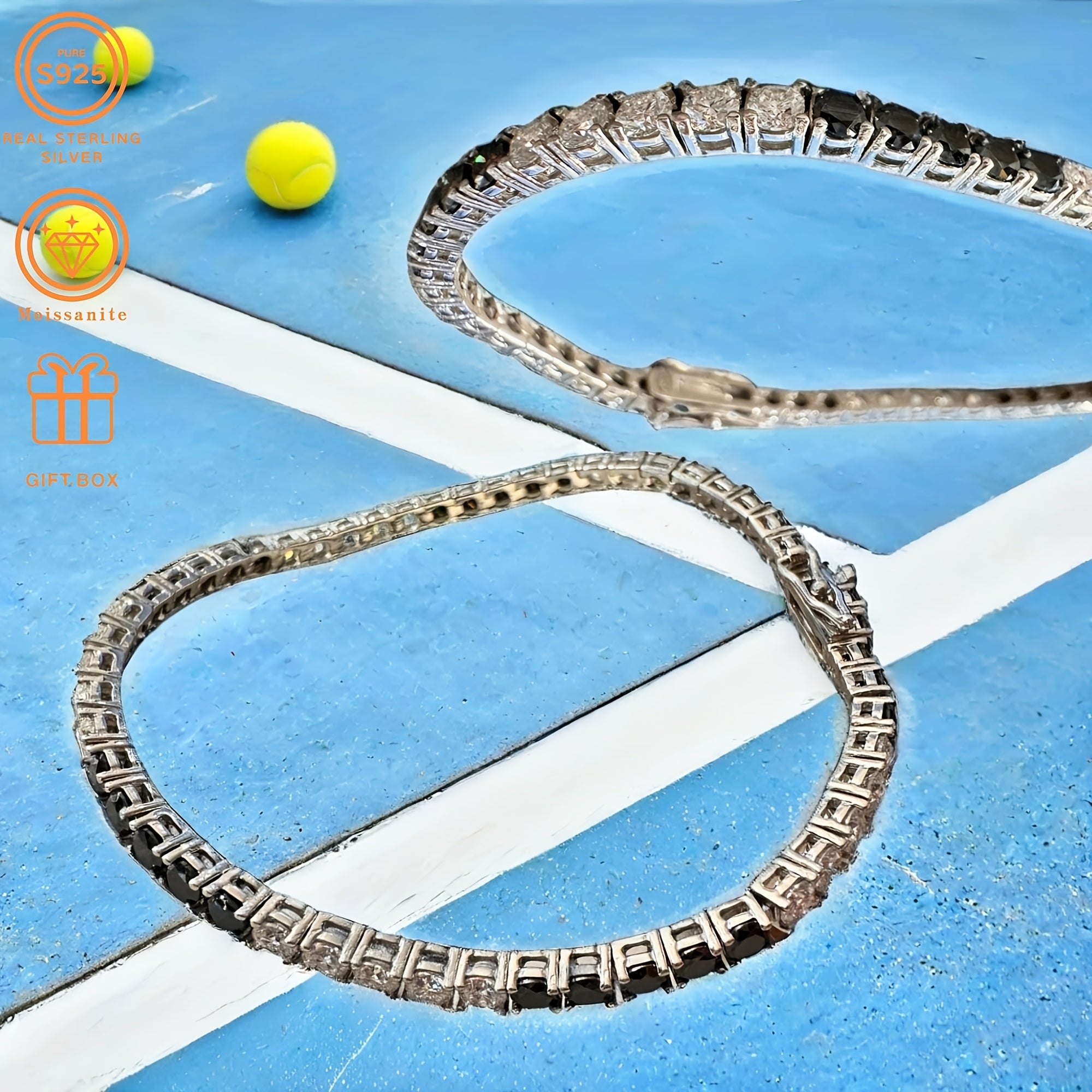 Zamonaviy S925 kumush tennis bilaguzuk, Moissanite bilan bezatilgan - Abadiy qora va oq ranglar, hashamatli kvadrat naqsh, har kuni kiyish yoki kontsertlarga chiqish uchun ideal.