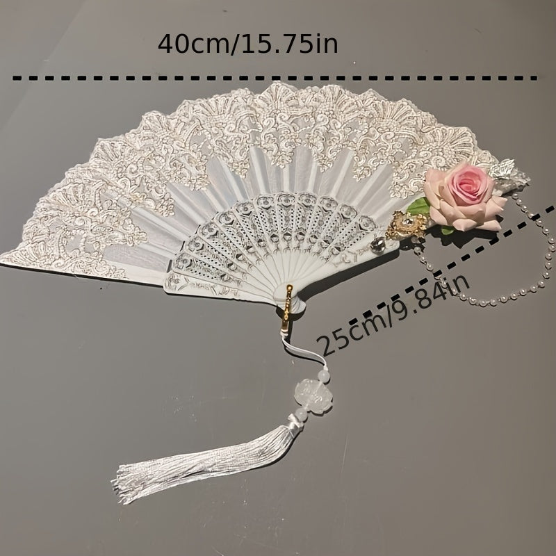 Golden Foil Folding Fan with Baroque Rose Design and Tassel for Women