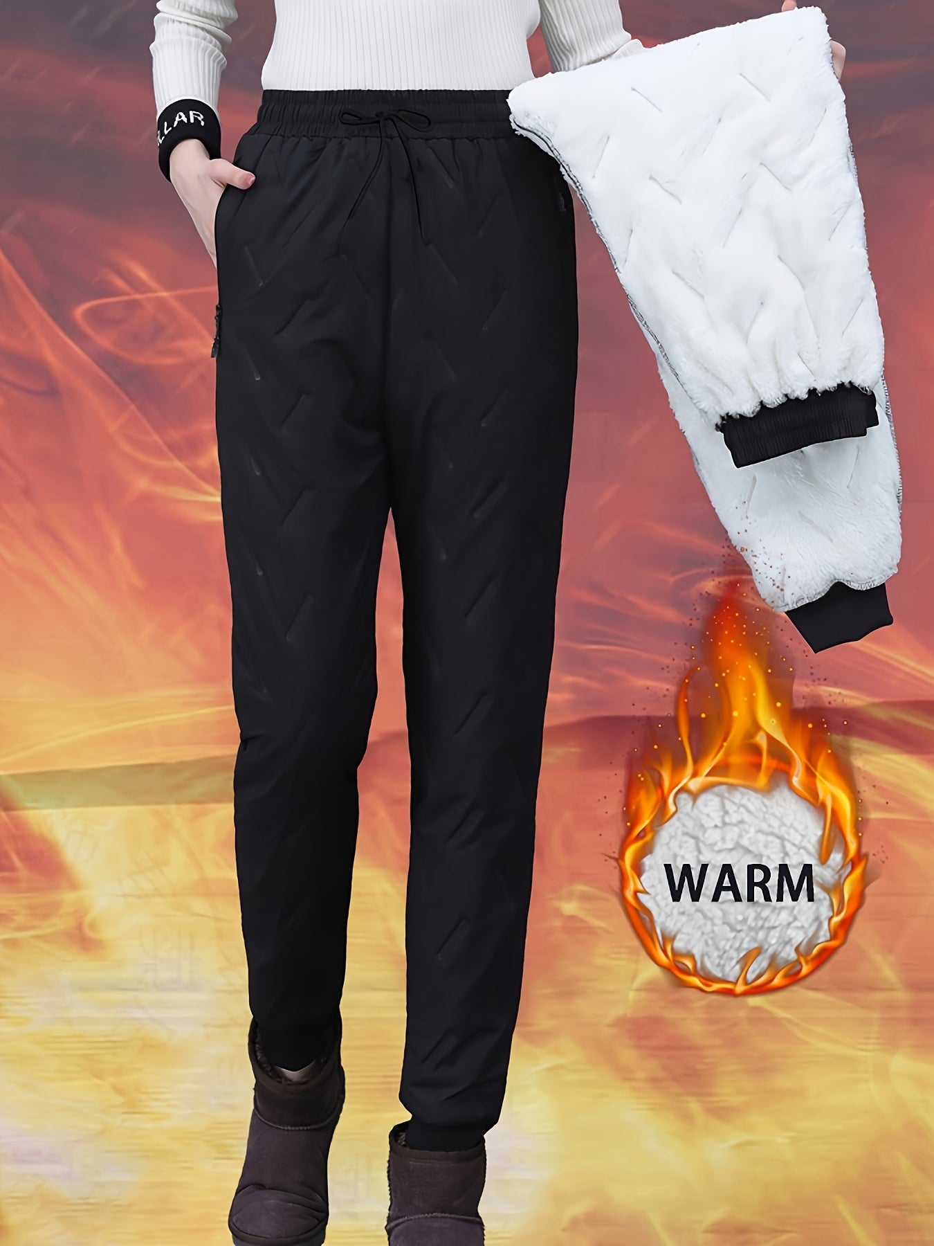 Women's Plus Size Winter Pants Thermal Flared Trousers Black Fluffy Warm